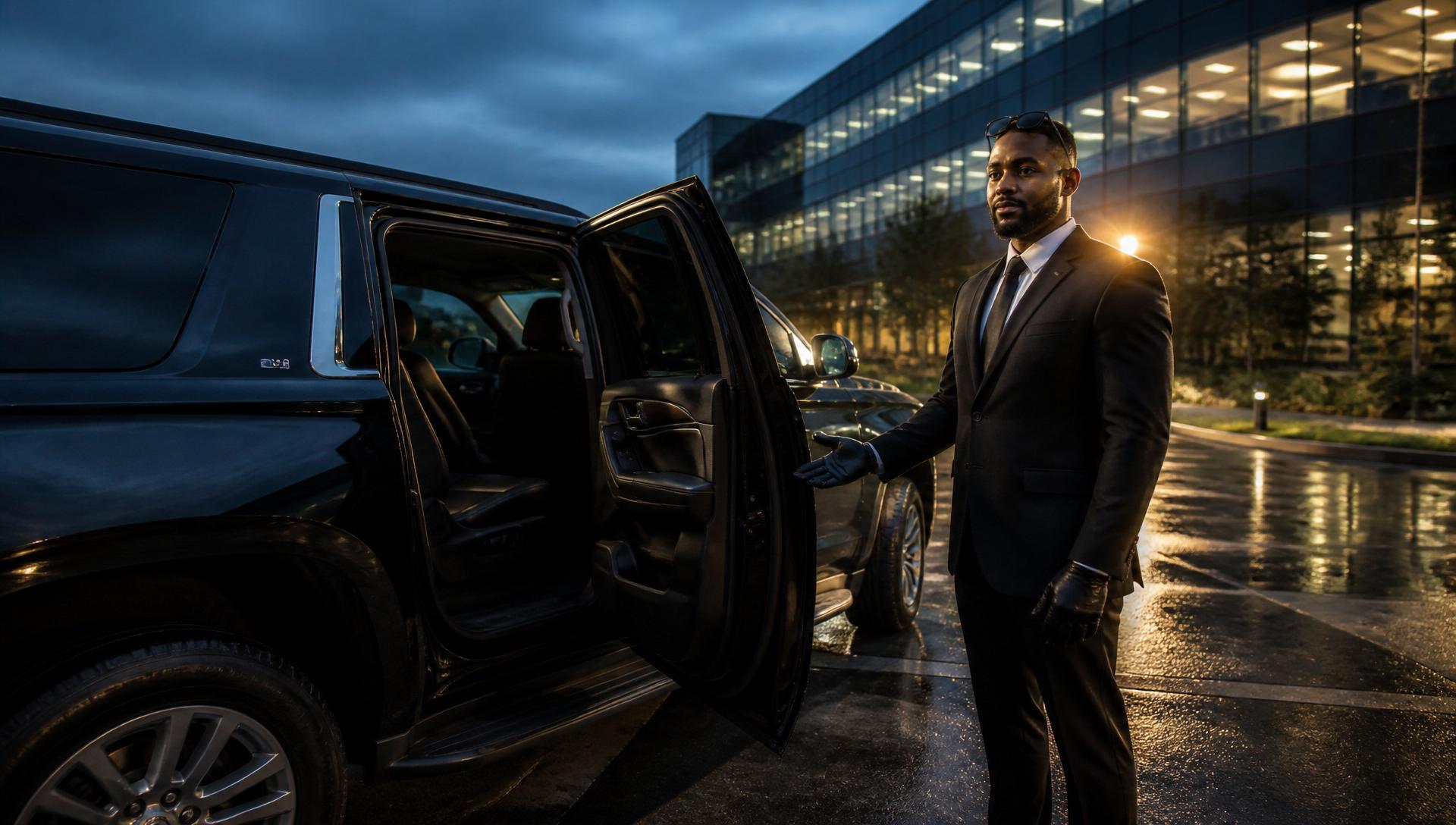 Professional black-suited Premier Executive Chauffeur opening the rear door of a black Chevrolet Suburban LT SUV at a Silicon Valley corporate campus at dusk — CPUC-licensed Bay Area executive transportation