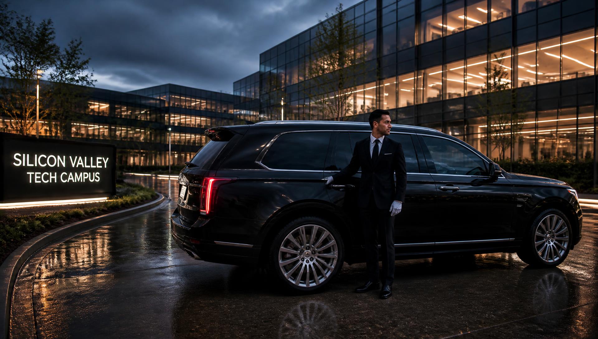 Professional black-suited Premier Executive Chauffeur opening the rear door of a black Chevrolet Suburban LT SUV at a Silicon Valley corporate campus at dusk — CPUC-licensed Bay Area executive transportation