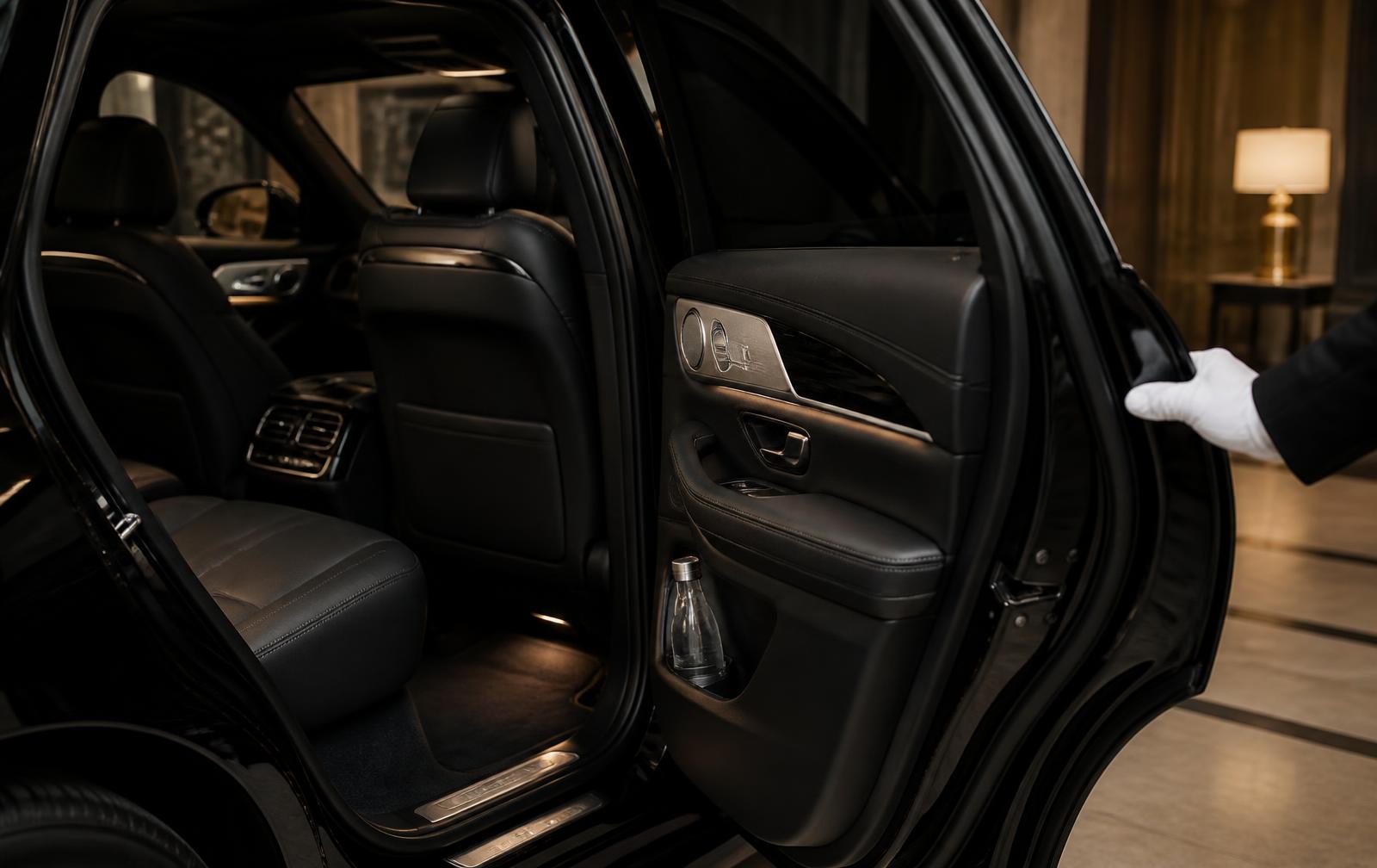 White-gloved chauffeur holding open the rear door of a black executive SUV, showing the detailed black leather rear cabin and chilled bottled water before a Silicon Valley pickup