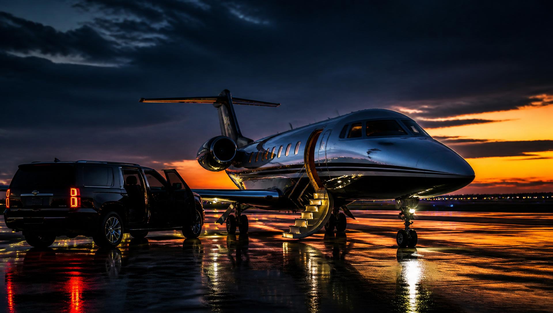 Black Chevrolet Suburban chauffeur SUV waiting ramp-side next to a private business jet at a Bay Area FBO at sunset — SFO, SJC, OAK, and MRY airport transfers