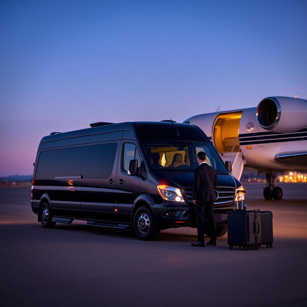 Black Mercedes-Benz Sprinter executive van staged next to a Gulfstream business jet at Atlantic Aviation FBO San Jose (SJC) at blue hour, with a chauffeur in a dark suit loading matching hard-shell luggage.