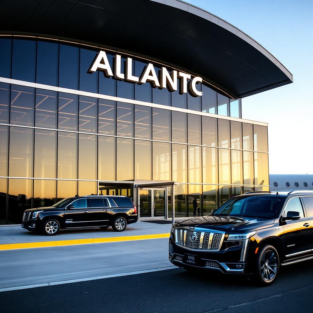Atlantic Aviation SJC FBO terminal exterior at dawn, with a black Cadillac Escalade and a Chevrolet Suburban curbside at the glass-and-steel private aviation building.