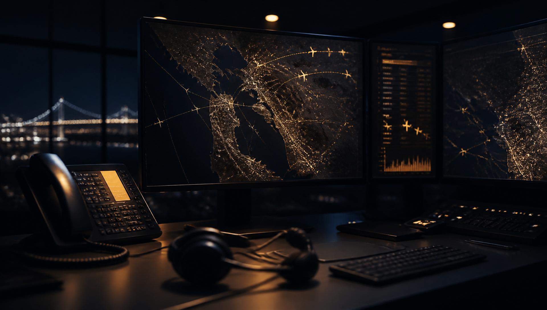 Premier Executive Chauffeur 24/7 dispatch operations center at night with flight-tracking map of the San Francisco Bay Area, phone, and headset — Silicon Valley chauffeur reservations