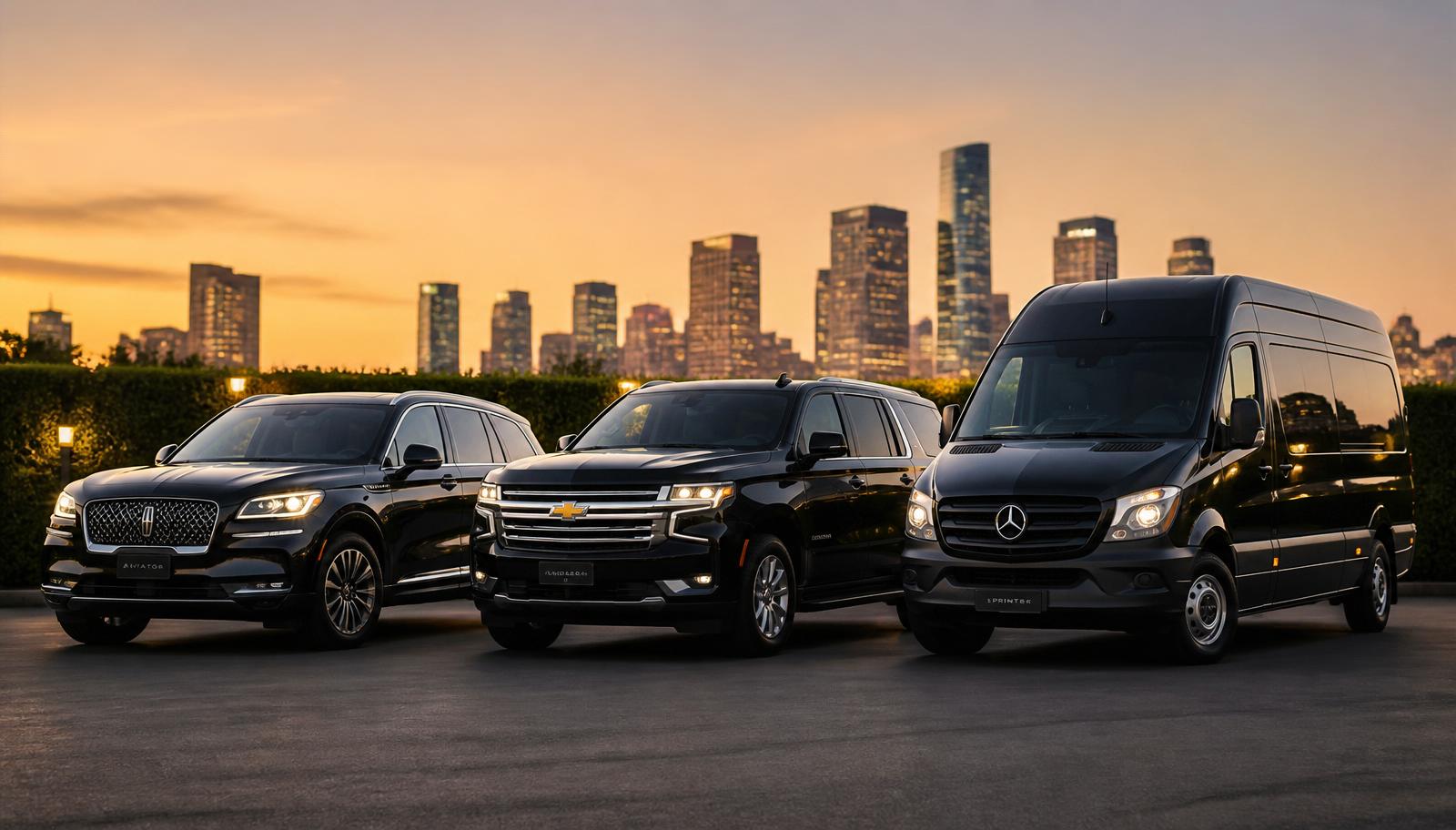 Black Lincoln Aviator, Chevrolet Suburban LT SUV, and Mercedes-Benz Sprinter passenger van chauffeur fleet for Aptos, Santa Cruz County, California — airport transfers to SJC, corporate travel, and group transportation by Premier Executive Chauffeur