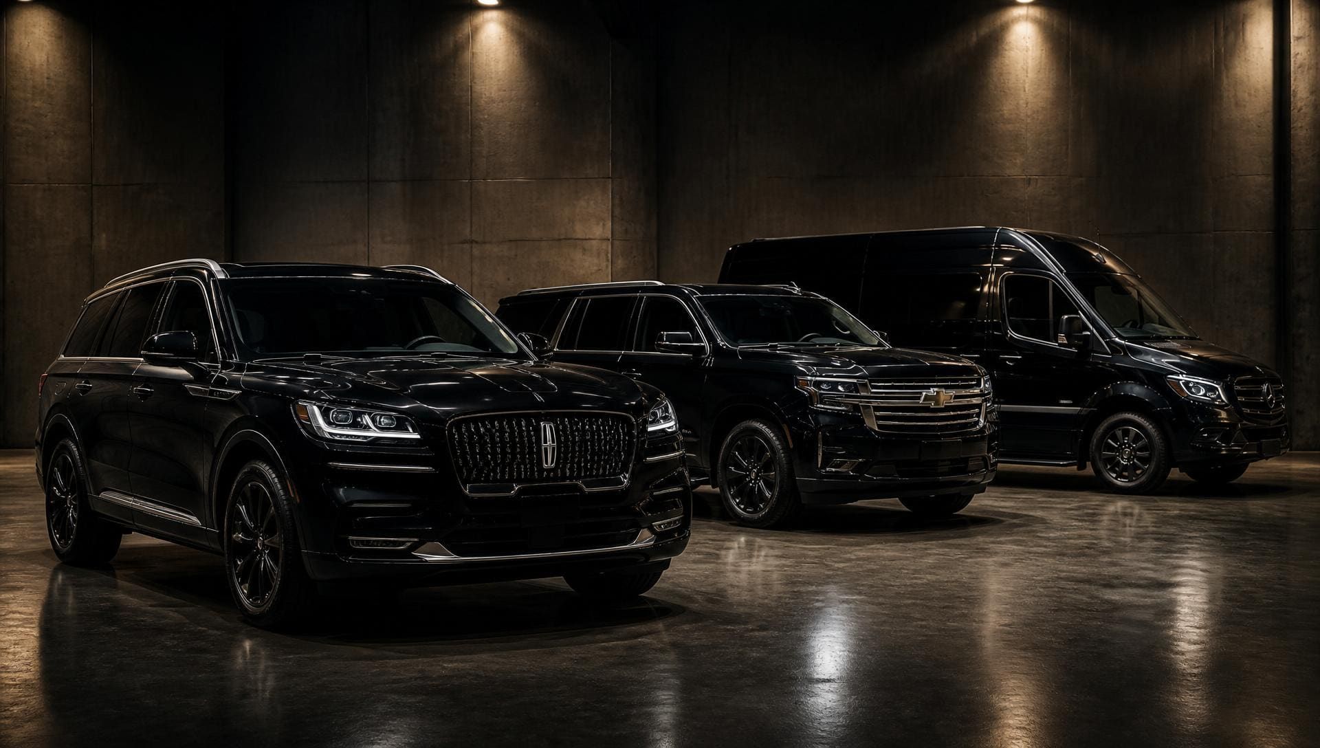 Black luxury sedan, Suburban LT SUV, and Mercedes-Benz Sprinter lined up for Bay Area limo service