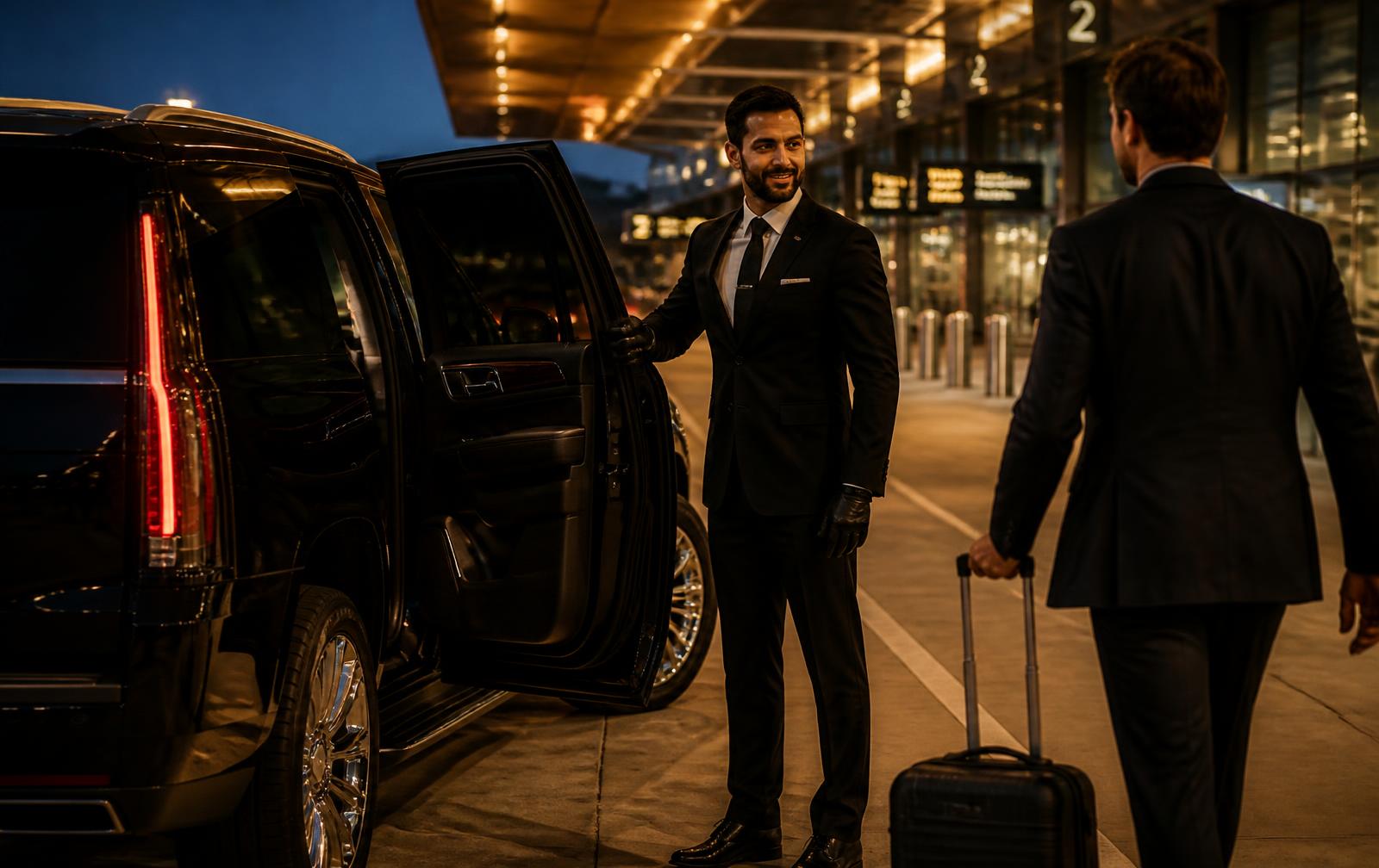 Uniformed chauffeur in a dark suit and gloves holding open the rear door of a black luxury SUV at an airport terminal curbside as a traveler with luggage approaches