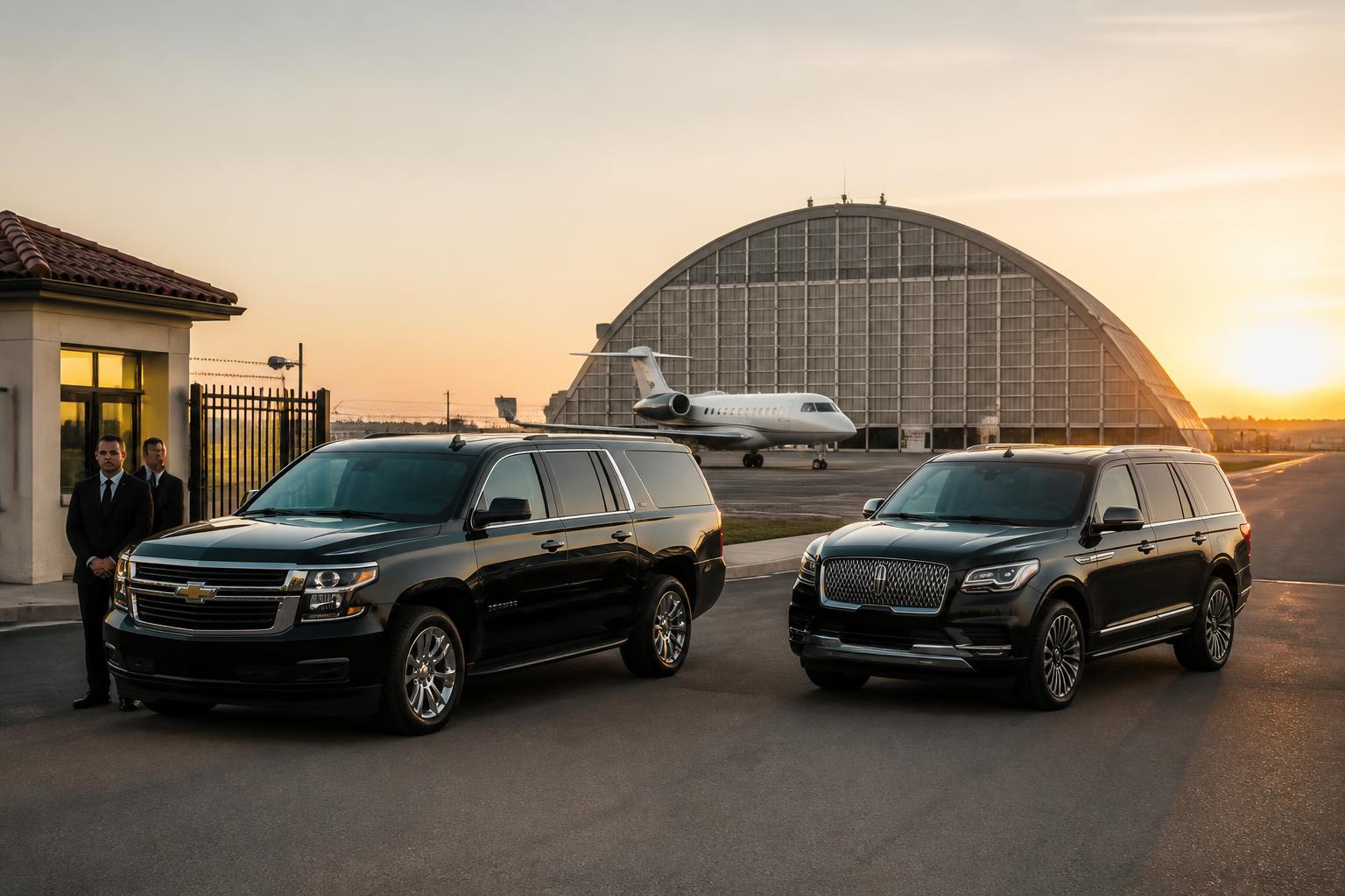 Two chauffeurs in dark suits standing beside a black Chevrolet Suburban and a black Lincoln Navigator parked at the tile-roofed guard shack entrance to Moffett Federal Airfield (NUQ) in Mountain View, California, with a corporate business jet on the ramp in front of the arched Hangar One dome at golden-hour sunrise.