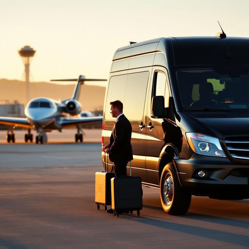 Black Mercedes-Benz Sprinter parked planeside beside a corporate business jet at Moffett Federal Airfield (NUQ), with a chauffeur in a dark suit loading executive luggage and the Moffett control tower on the horizon.