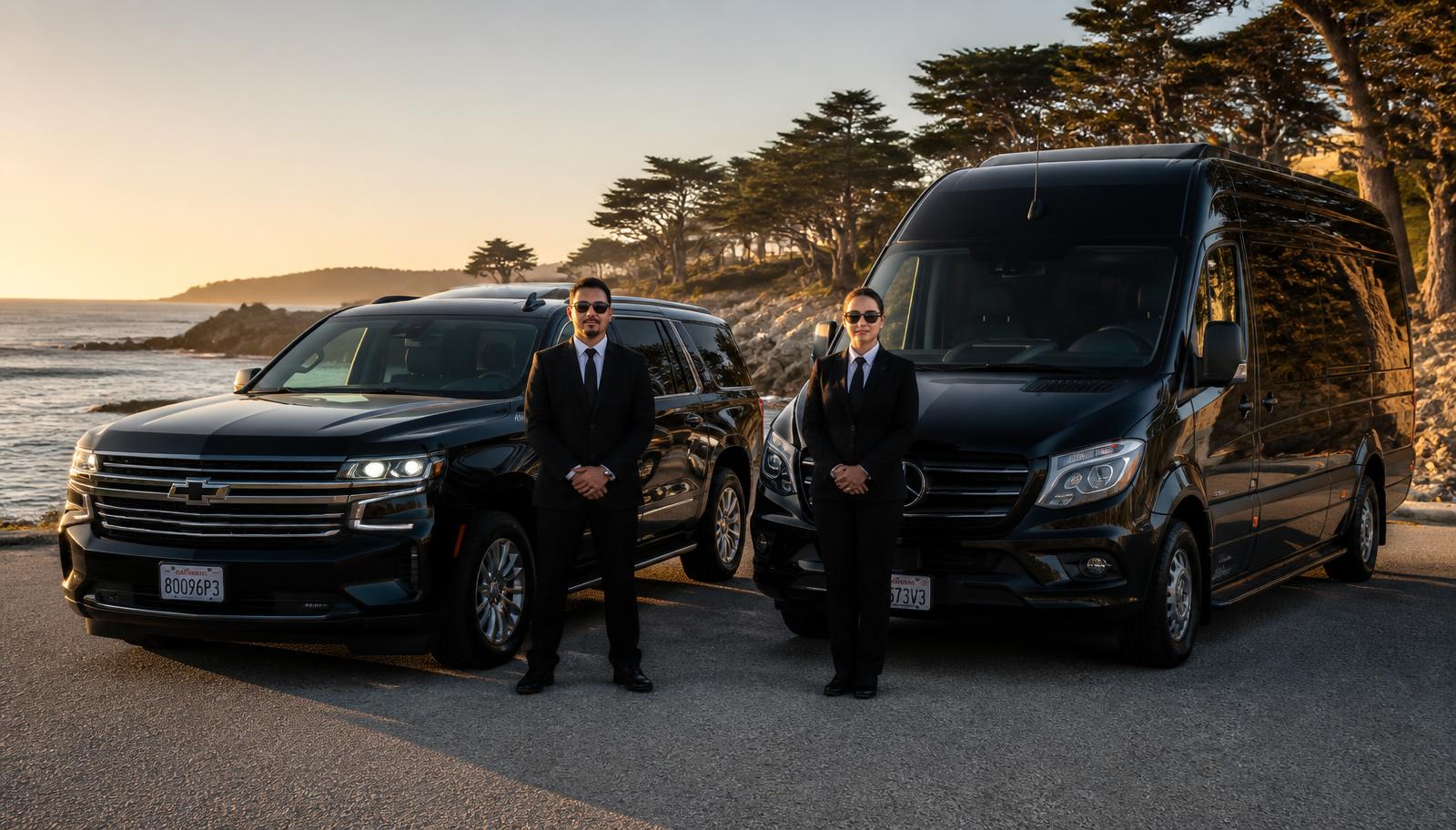 Black Chevrolet Suburban SUV and Mercedes-Benz Sprinter van with two uniformed chauffeurs standing in front, parked on the Monterey Peninsula coastline at sunset