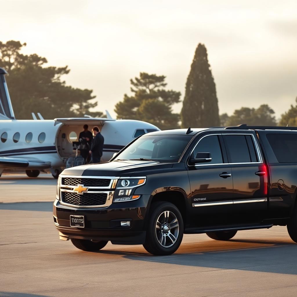 Black Chevrolet Suburban parked ramp-side by a private jet at Monterey Jet Center (MRY) on the Monterey Peninsula, with coastal Monterey cypress trees behind and a chauffeur loading golf bags and matching luggage.