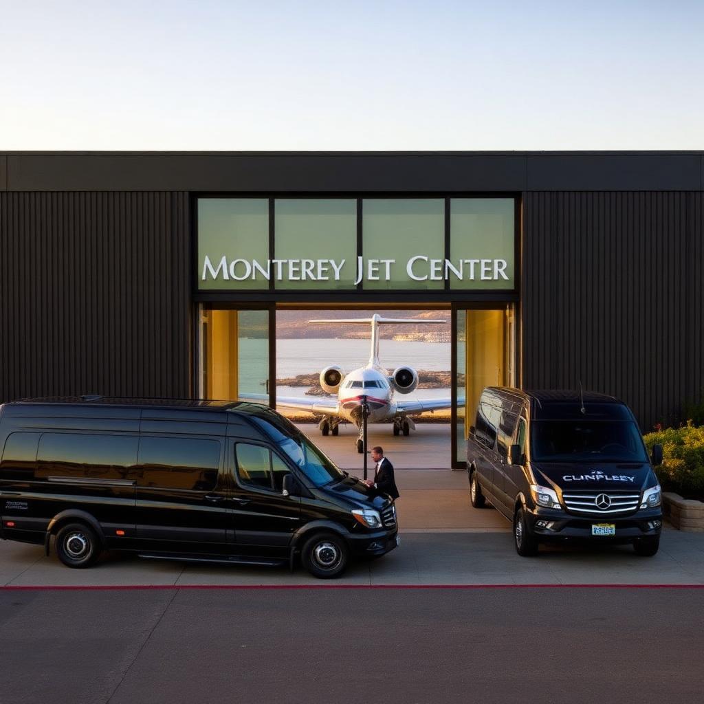 Monterey Jet Center FBO exterior on the Monterey Peninsula during AT&T Pebble Beach Pro-Am week, with a black Mercedes-Benz Sprinter and a Suburban curbside and Monterey Bay visible through the terminal.