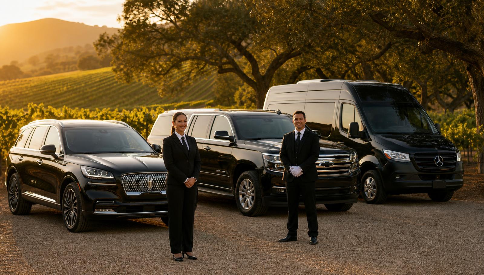 Two uniformed chauffeurs beside a black Lincoln Aviator, Chevrolet Suburban LT and Mercedes-Benz Sprinter van assigned to Big Sur bookings
