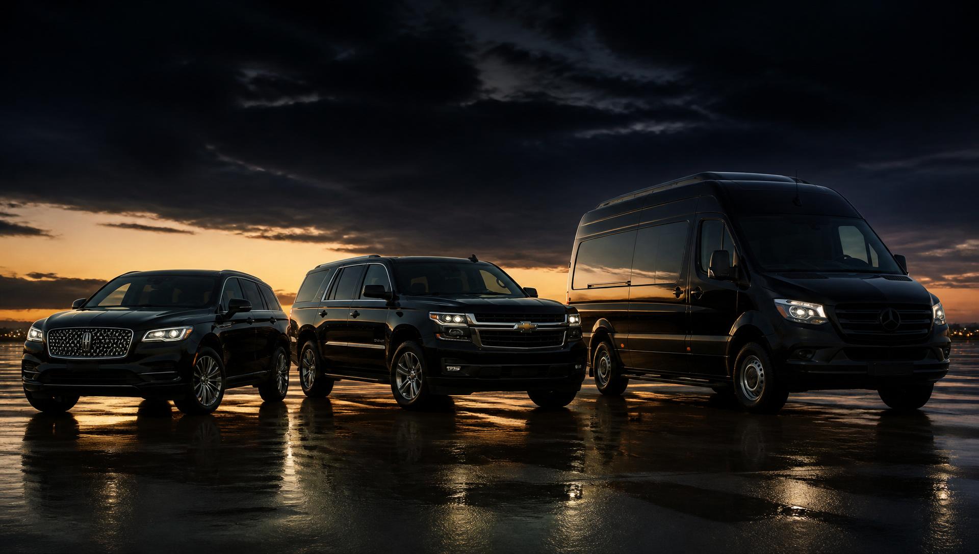 Black Lincoln Aviator, Chevrolet Suburban LT SUV, and Mercedes-Benz Sprinter passenger van chauffeur fleet at dusk — Premier Executive Chauffeur services across the San Francisco Bay Area and Silicon Valley