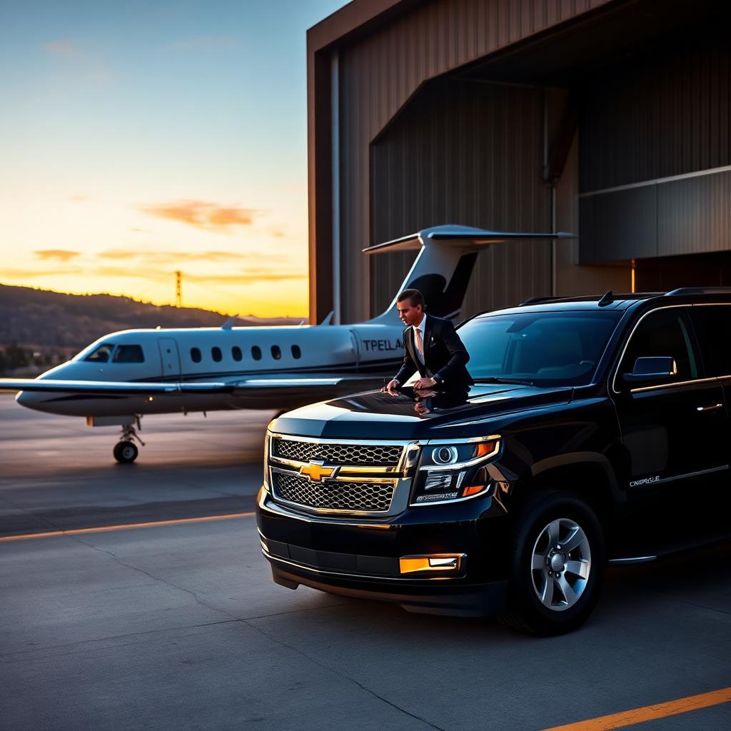 Black Chevrolet Suburban parked ramp-side beside a business jet at Signature Aviation Oakland International Airport (OAK), with a chauffeur in a dark suit greeting an executive passenger at sunset with the East Bay hills behind.