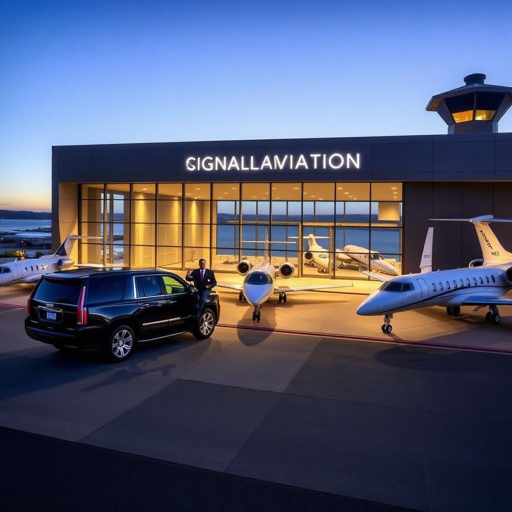 Signature Aviation Oakland FBO exterior at blue hour, with a black Cadillac Escalade curbside, multiple business jets on the ramp, and the San Francisco Bay in the background.