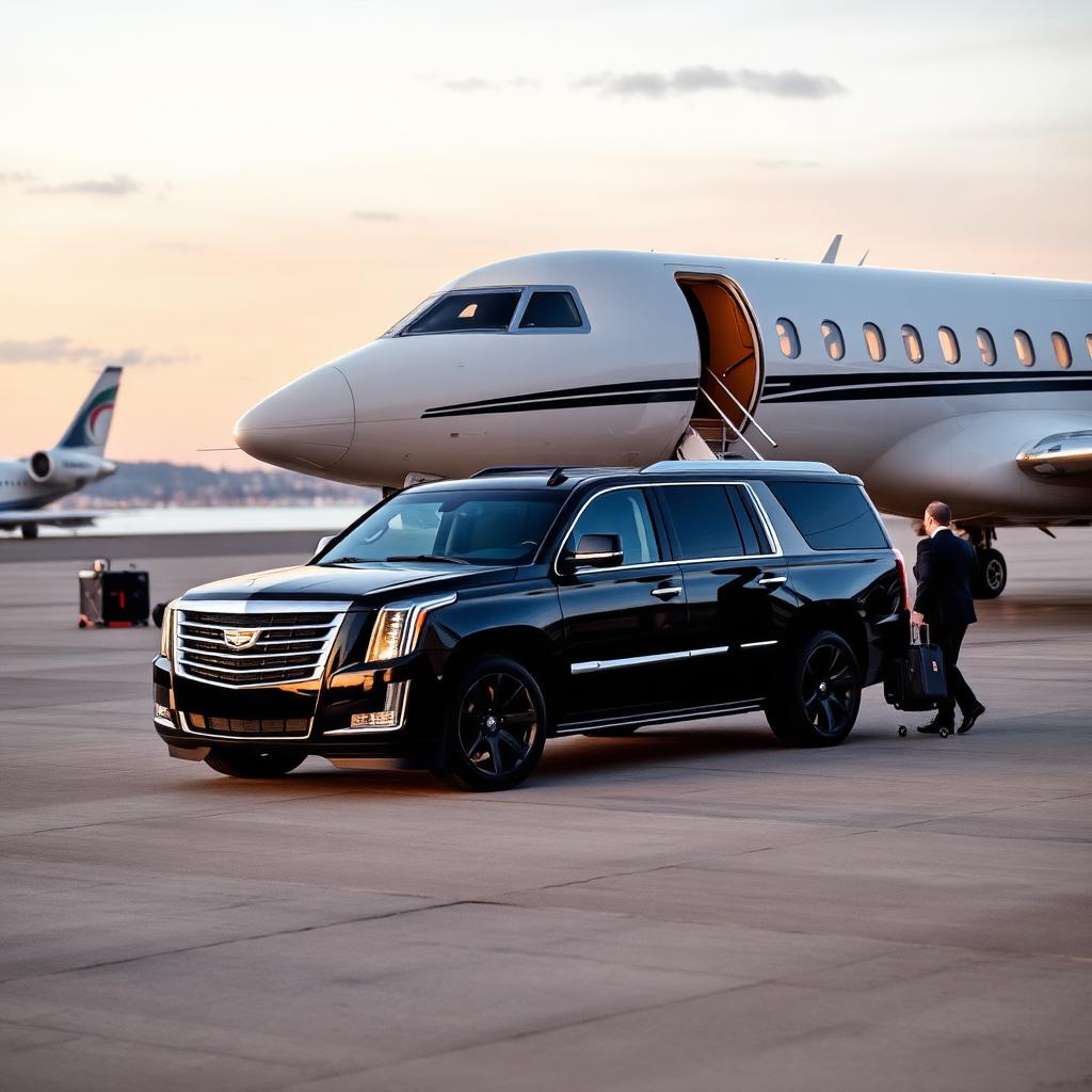 Black Cadillac Escalade parked ramp-side next to a large international business jet at Signature Flight Support San Francisco International Airport (SFO), with a chauffeur assisting arriving passengers with luggage at dusk.