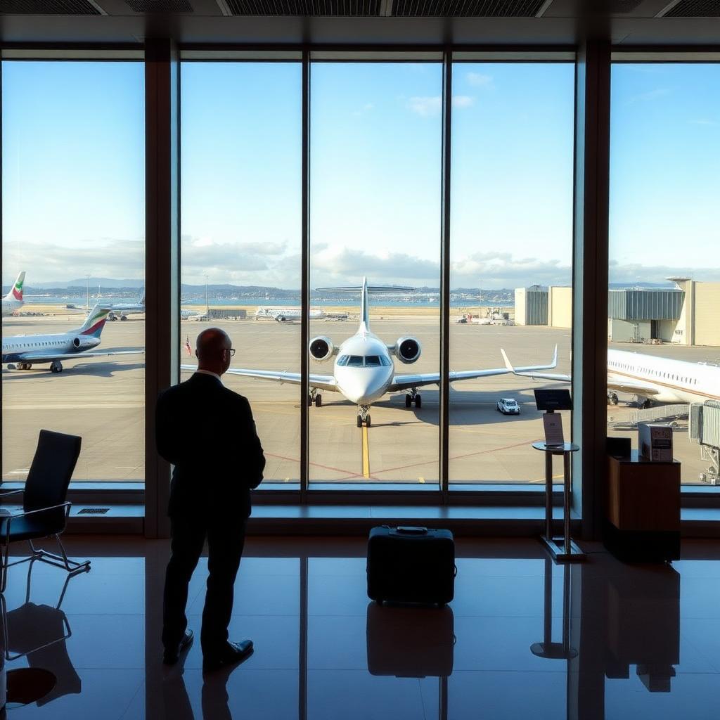 Signature Flight Support SFO passenger lounge with panoramic windows facing the ramp, San Francisco Bay in the distance, and a chauffeur in a dark suit waiting with luggage near the customs exit.