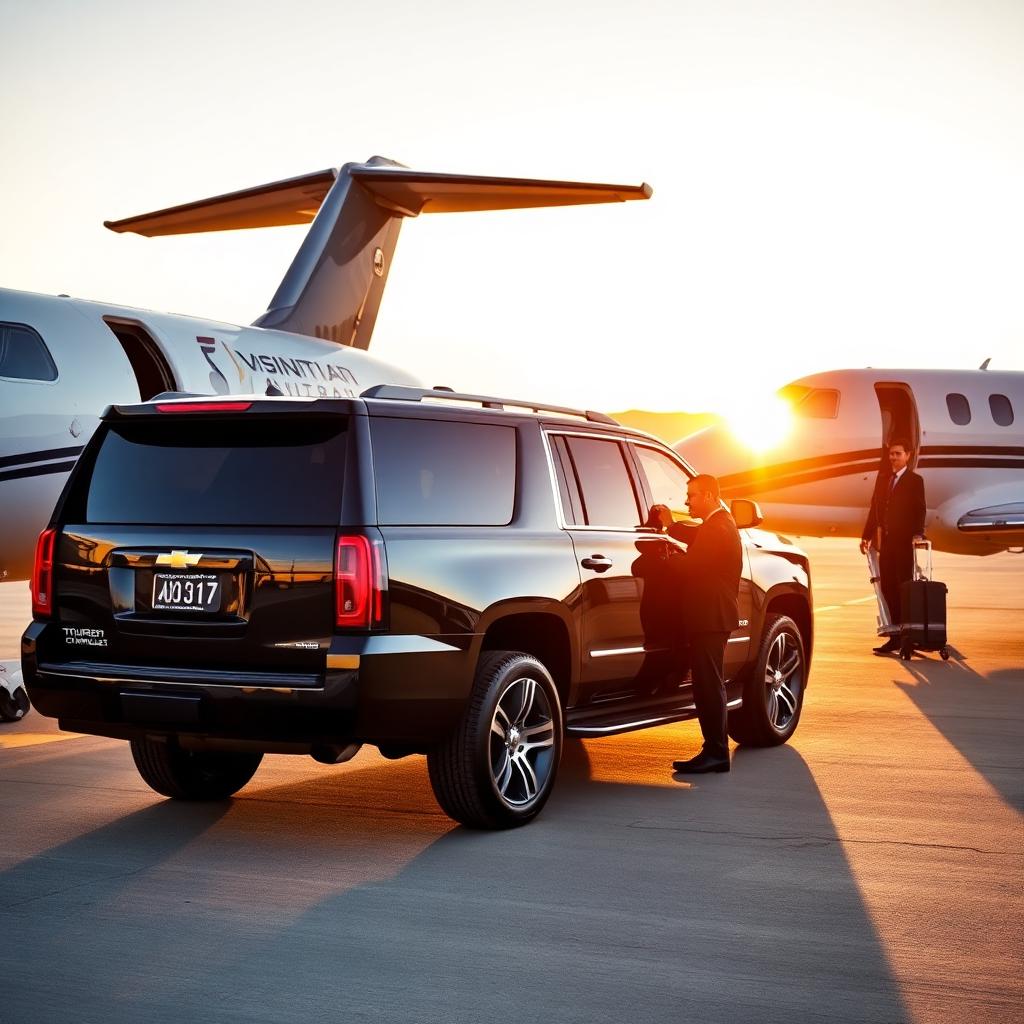 Black Chevrolet Suburban chauffeur SUV staged ramp-side beside a private business jet at Signature Aviation FBO, San Jose International Airport (SJC), with a uniformed chauffeur loading executive luggage at golden hour.