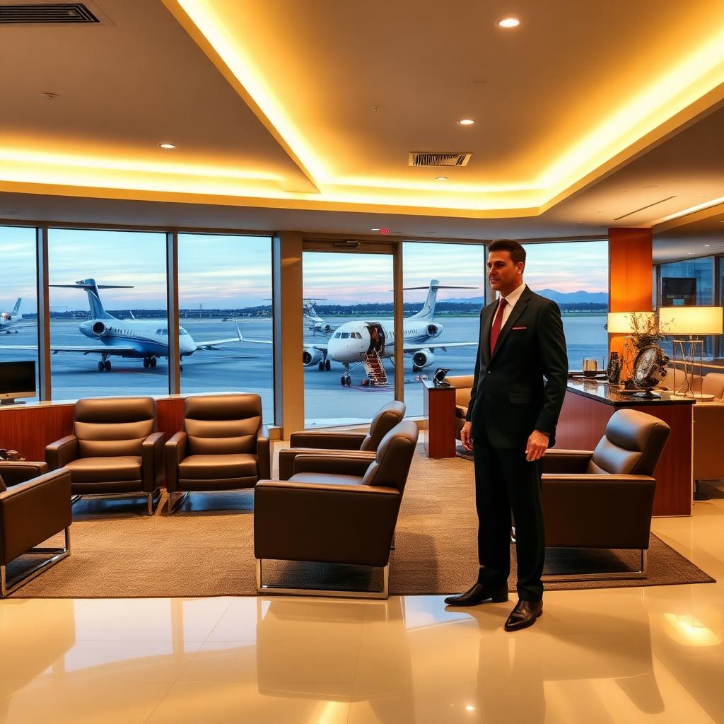 Interior of the Signature Aviation private jet lounge at San Jose (SJC), with panoramic ramp windows showing business jets parked at dusk and a chauffeur in a dark suit waiting near the lobby exit.
