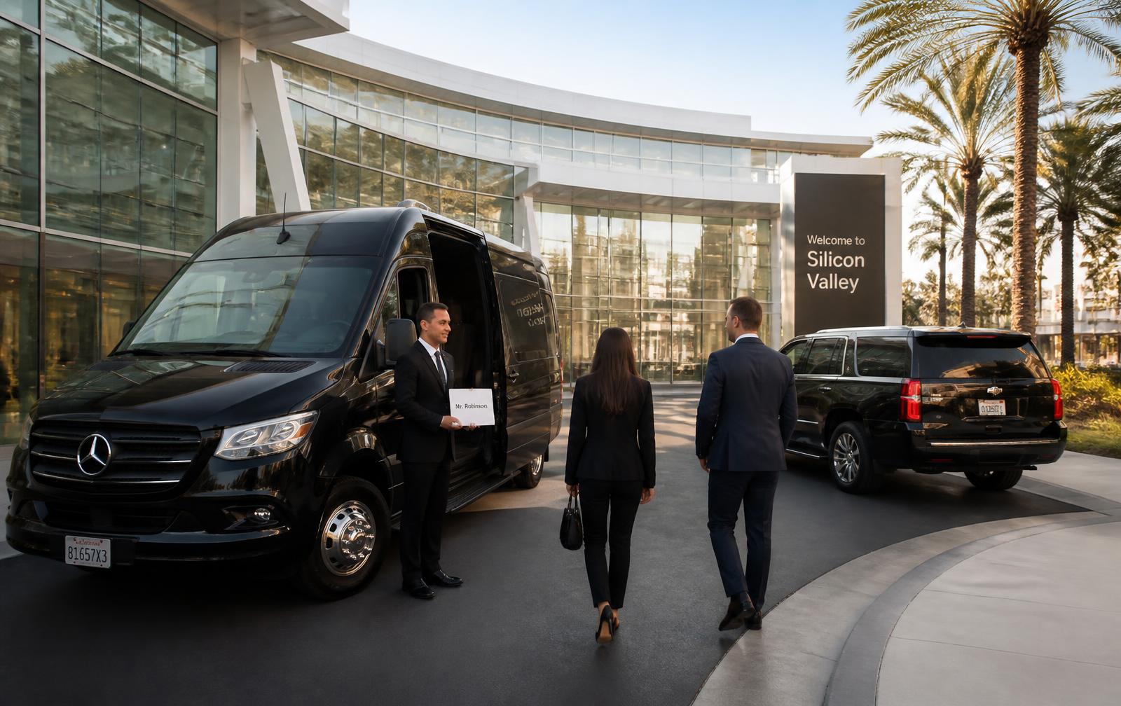 Chauffeur with a name placard beside a black Mercedes-Benz Sprinter and a black Suburban SUV at the drop-off loop of a glass Silicon Valley tech campus, greeting two business travelers