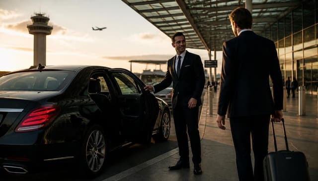 Chauffeur opening a black sedan door for an arriving traveler outside SJC in San Jose, California