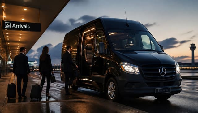 Black Mercedes-Benz Sprinter van boarding a business group at SJC arrivals in San Jose, California