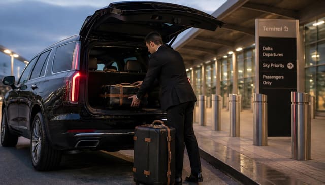 Suited chauffeur loading suitcases into a black executive SUV at the SJC departures curb in San Jose
