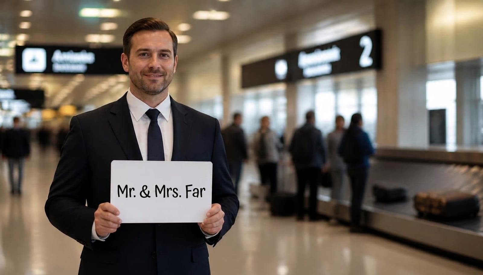 Suited chauffeur at SJC baggage claim holding a "Mr. & Mrs. Far" name sign for a San Jose meet-and-greet