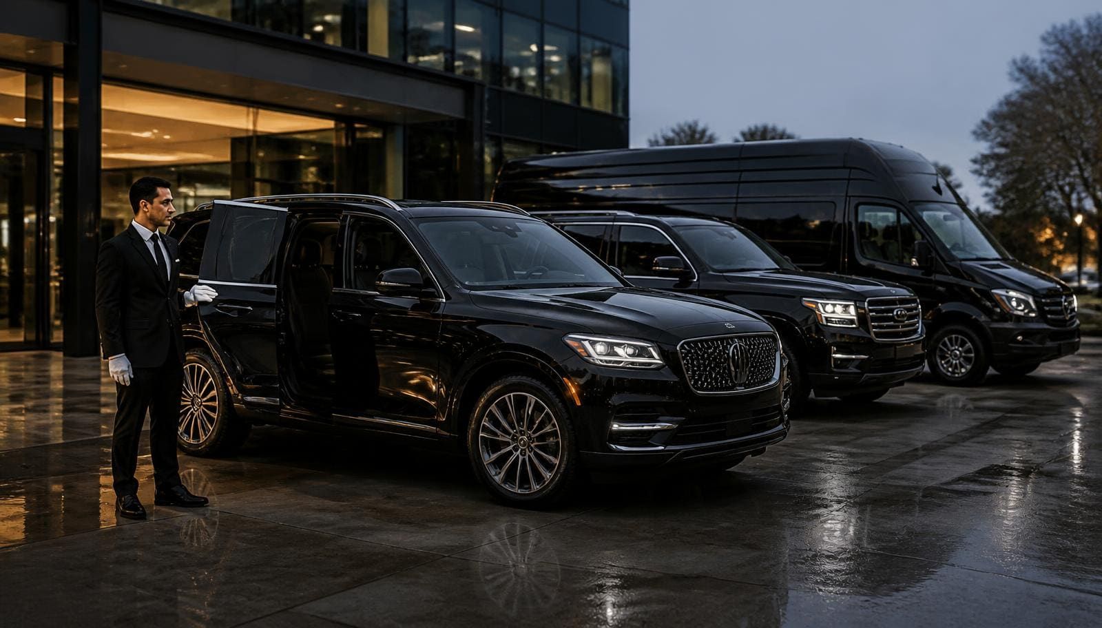 Chauffeur with Lincoln Aviator, Chevrolet Suburban and Mercedes-Benz Sprinter on a Portola Valley curb before an SJC transfer