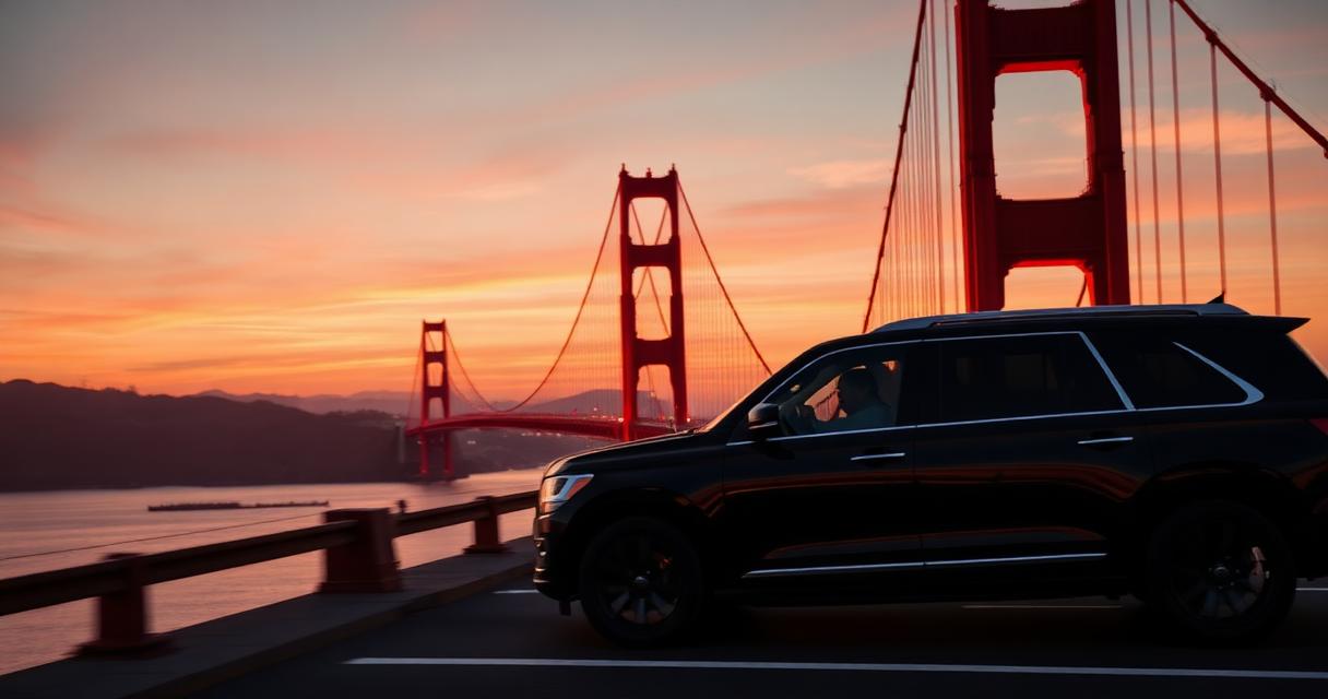 Black luxury SUV crossing the Golden Gate Bridge at sunset — private San Francisco sightseeing and city tour chauffeur service