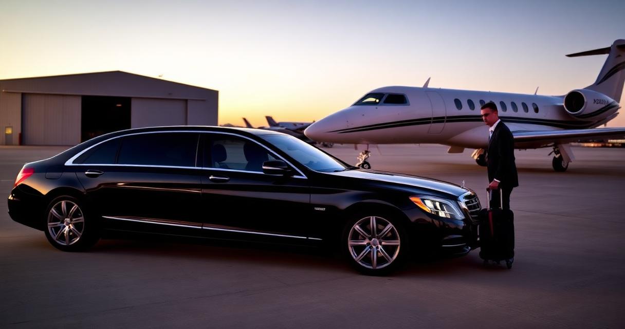Black luxury sedan on the tarmac beside a private jet at a Bay Area FBO — Premier Executive Chauffeur private aviation ground transportation