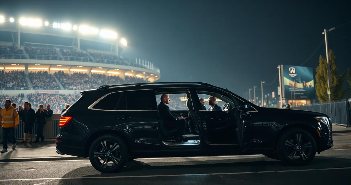 Black luxury SUV dropping off guests at a Bay Area stadium under the lights — chauffeured transportation for sporting events and concerts