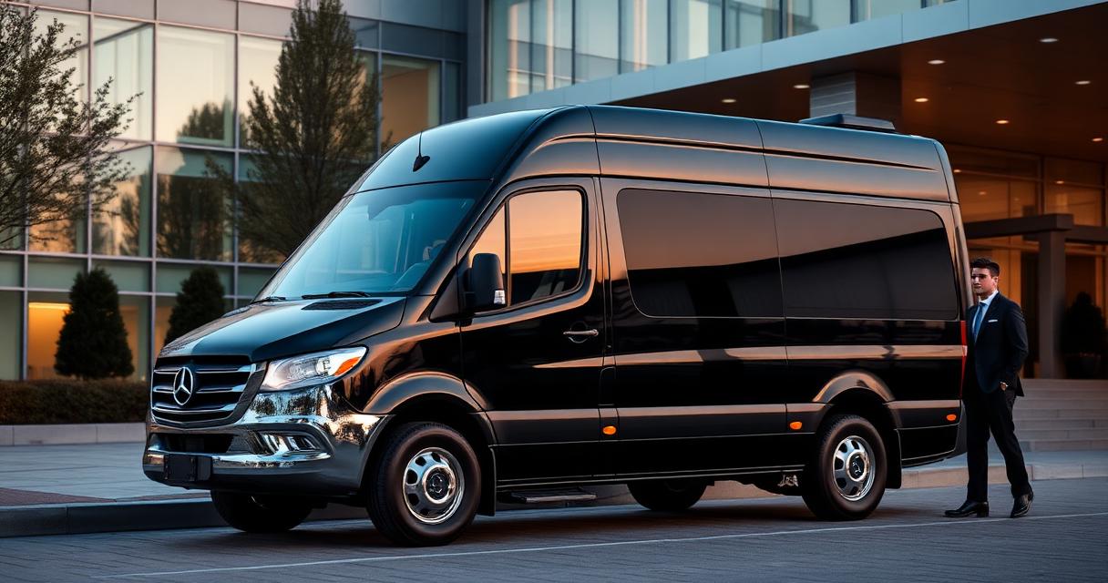 Black Mercedes-Benz Sprinter executive van with chauffeur outside a Silicon Valley corporate campus — group transportation for 6 to 14 passengers