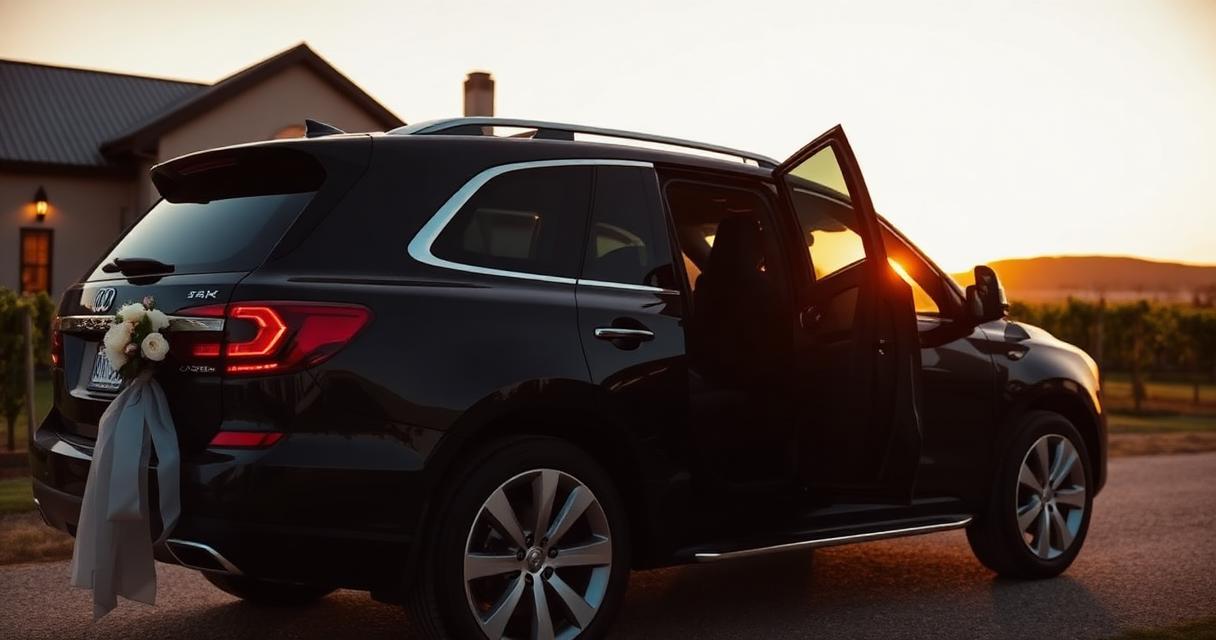 Black luxury SUV with wedding ribbon outside a Bay Area vineyard estate at golden hour — chauffeured wedding and special event transportation