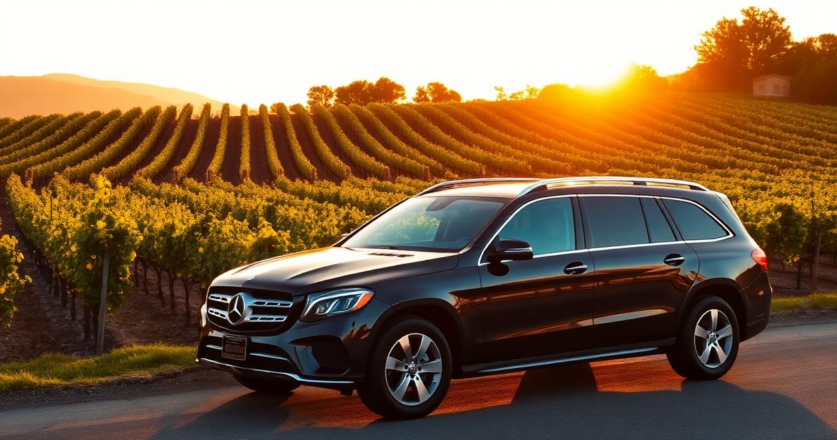Black luxury chauffeur SUV parked beside a Napa Valley vineyard at golden hour — Premier Executive Chauffeur wine tour service